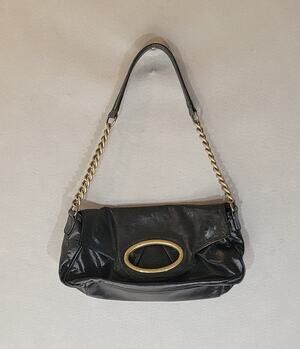 HOBO International Black Leather Foldover Shoulder Bag Brass Chain